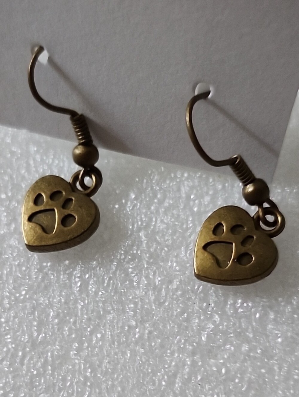 Hand Crafted Antique Gold Bronze Tone Heart Paw Charm Earrings